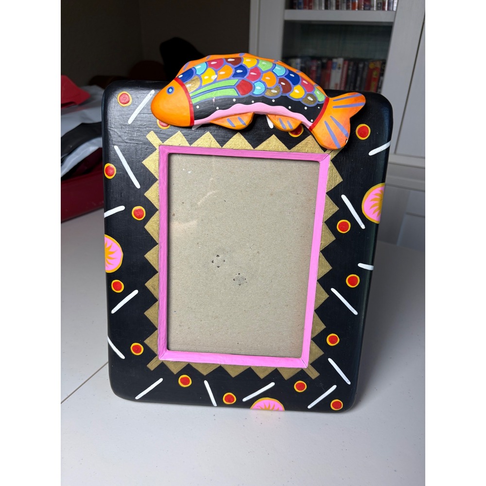 Hand Painted Wood Picture Frame 4x6‎ Tropical Fish Folk Art Black Multicolored